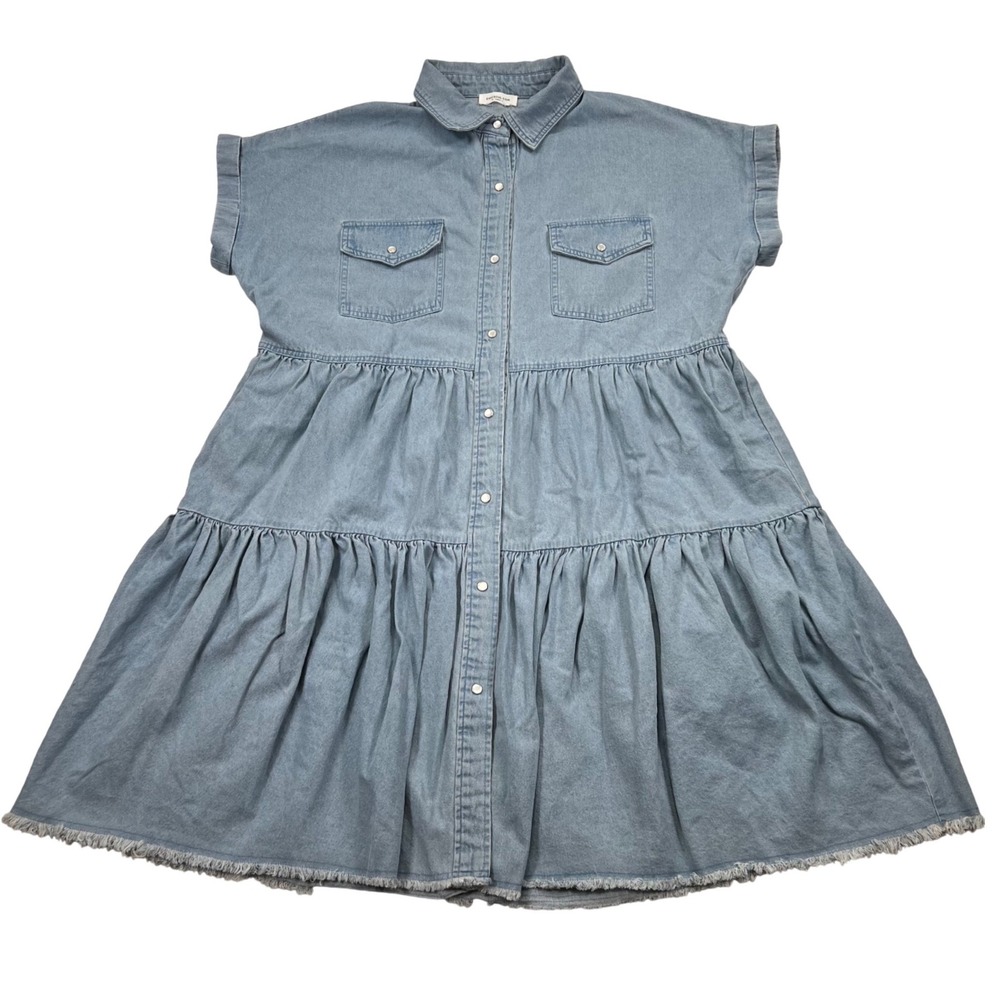 Chic Soul Denim Tiered Babydoll Dress Womens 3X Blue Pearl Snap Raw Hem READ